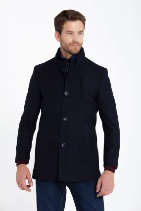 Slim Fit Cachet Manhattan Stand Collar Wool Blend Navy Overcoat, Navy