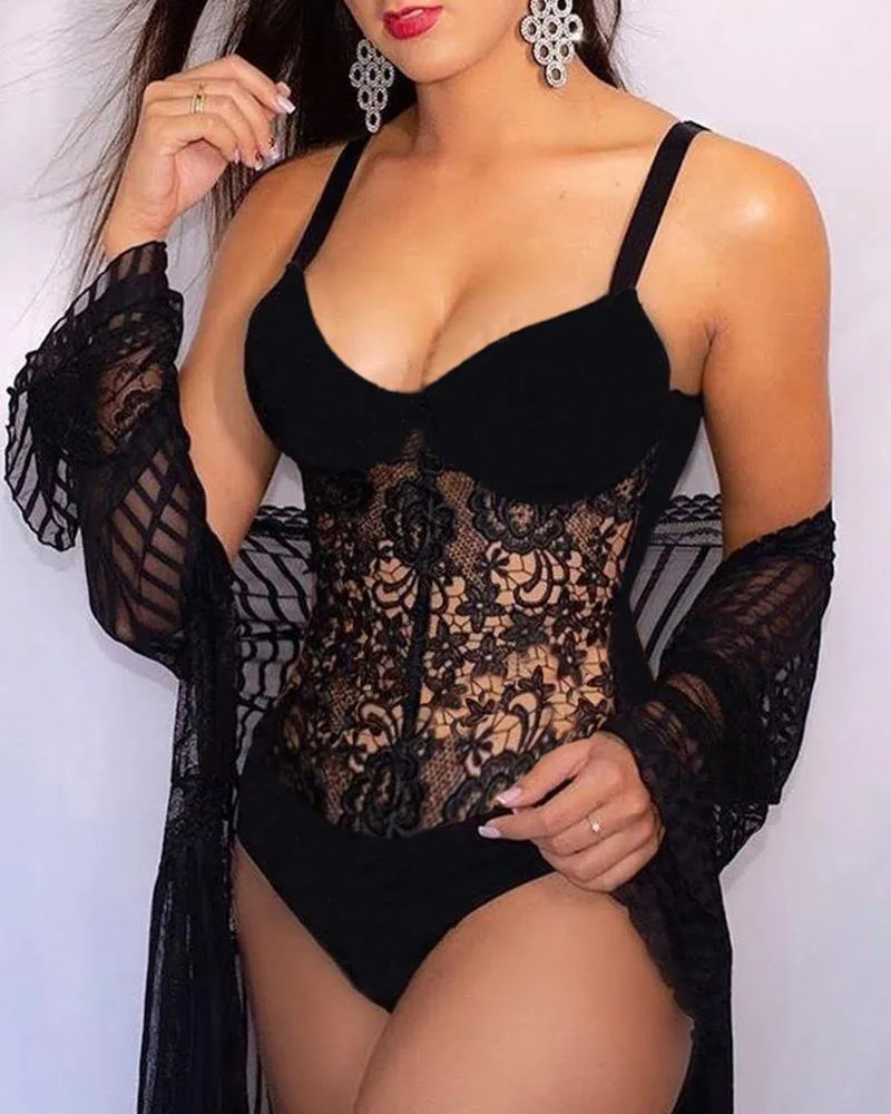 Spaghetti Strap Crochet Lace Hollow Out Teddy