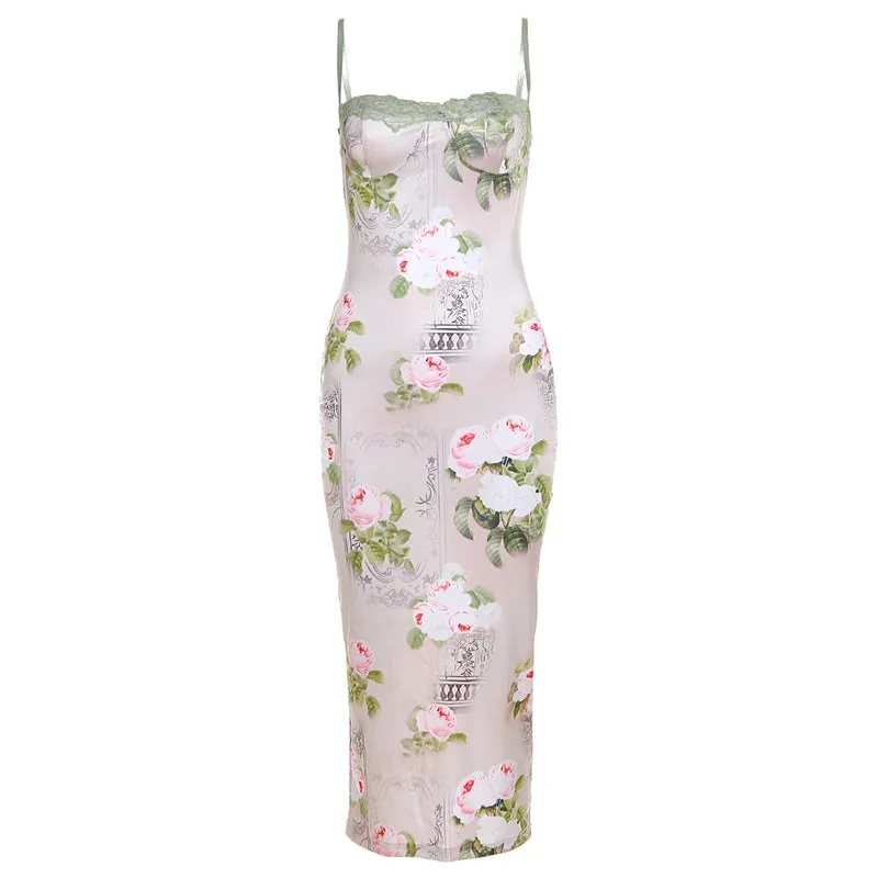 Summer Women Clothing Strap off-Neck Lace Stitching Printing Slim Dress for Women