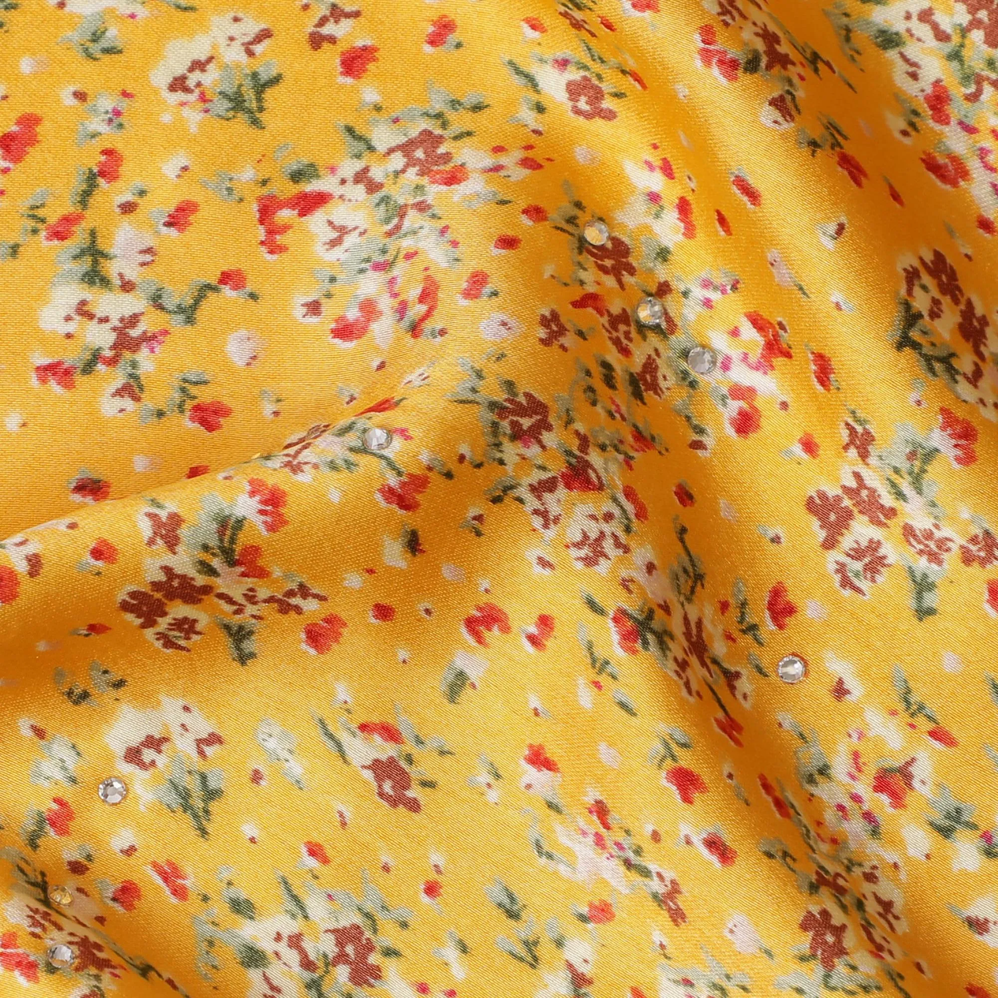 Synthetic Modal Satin Fabric with Stone Work, Floral Design, Mustard Yellow, 110 cm Width-20036