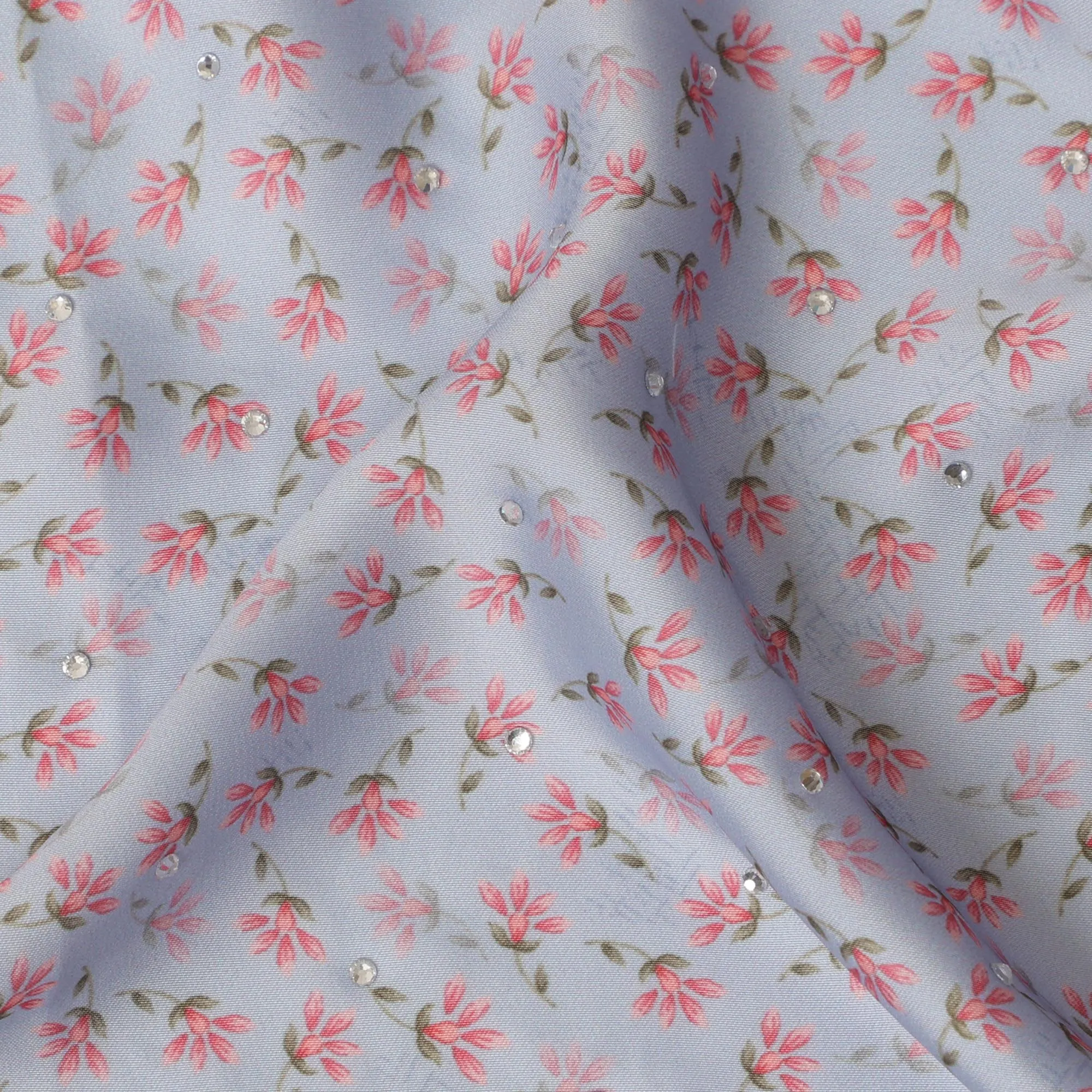 Synthetic Modal Satin Fabric with Stone Work - Petite Pink Floral on Soft Lavender, 110 cm Width-D20657