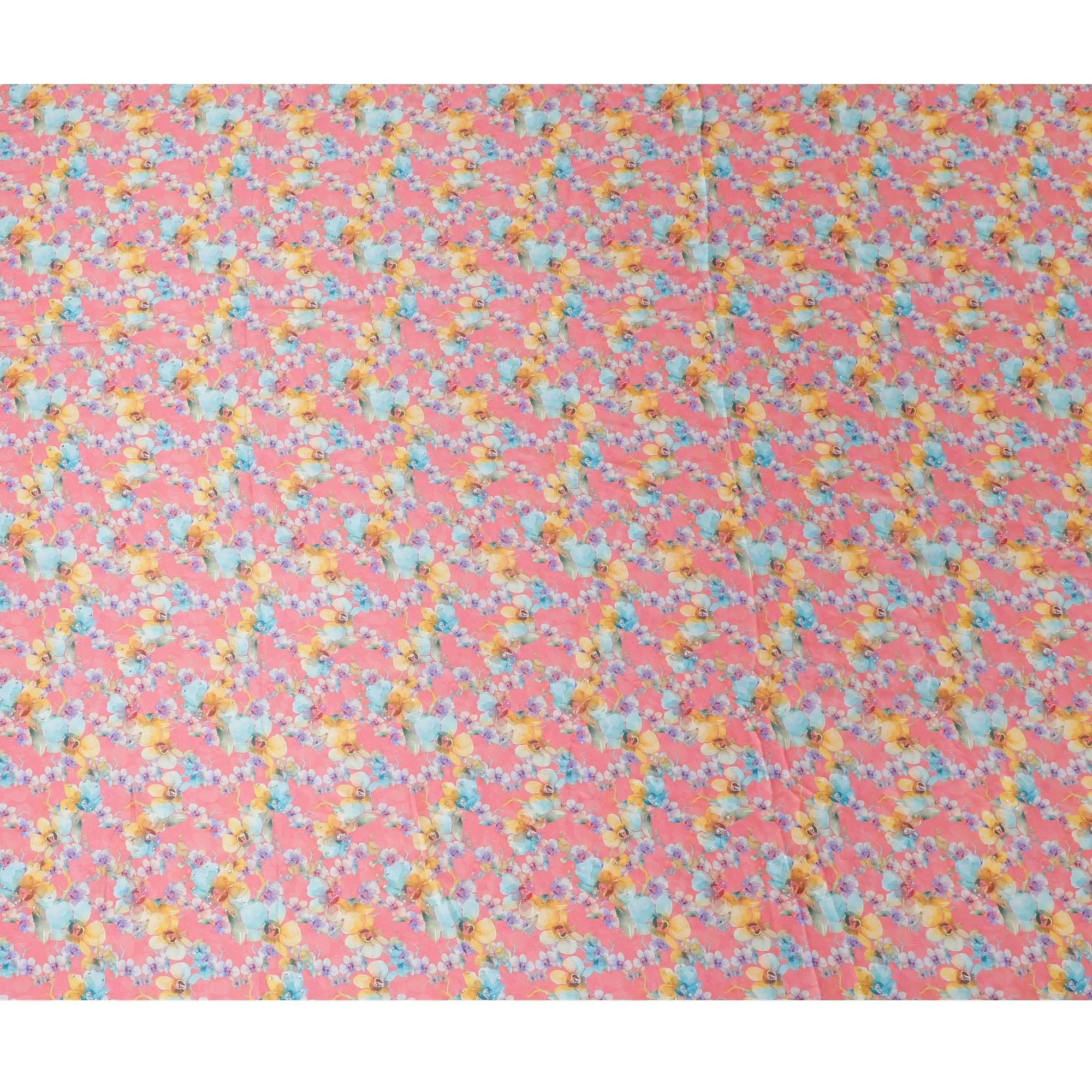 Synthetic Modal Satin Fabric with Stone Work, Vibrant Floral Design, Coral Pink, 110 cm Width-20029