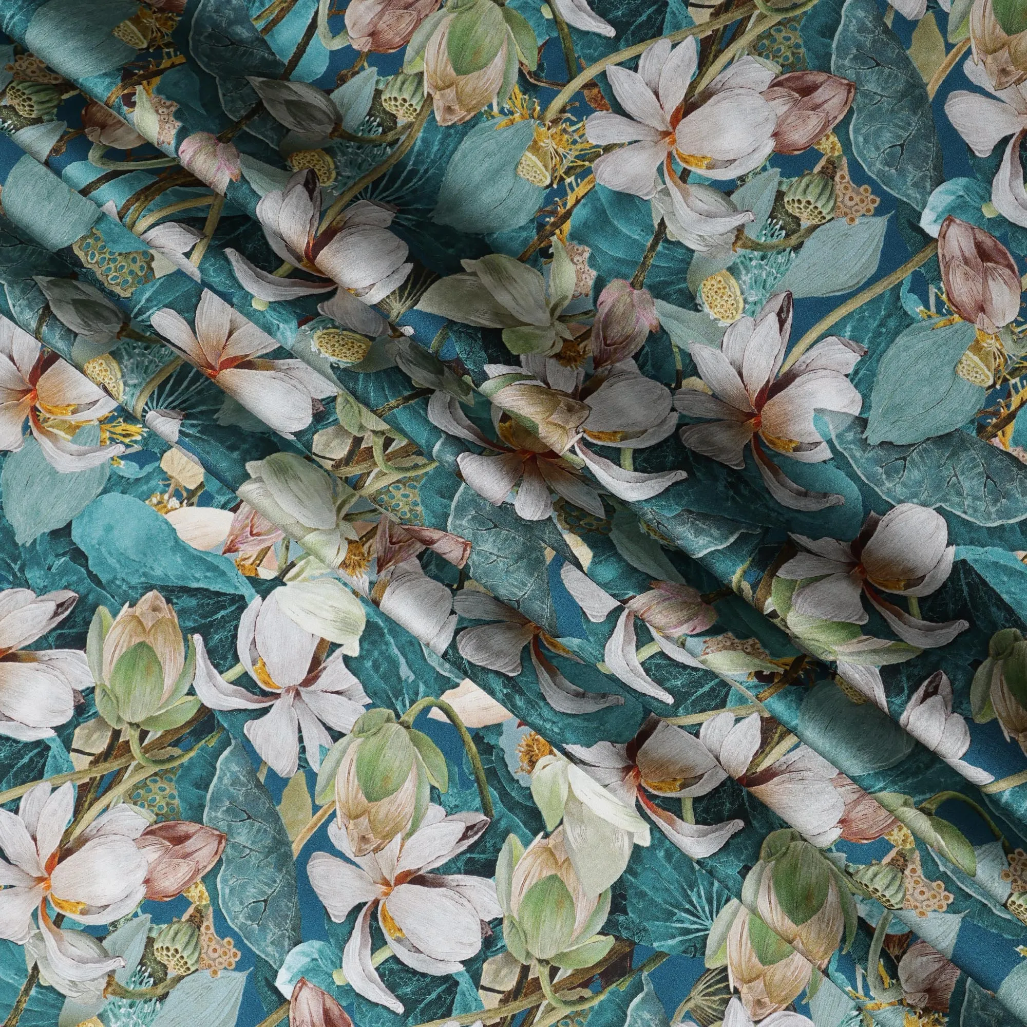 Teal Synthetic Modal Satin Fabric with Large White Floral Print, 110 cm Width-D20956