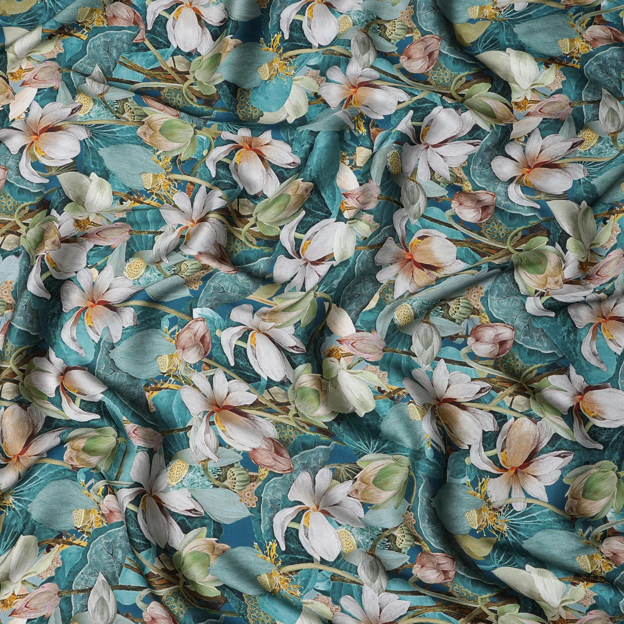 Teal Synthetic Modal Satin Fabric with Large White Floral Print, 110 cm Width-D20956