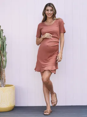 Thea Maternity Short Sleeve Frilled Dress in Dusty Rose