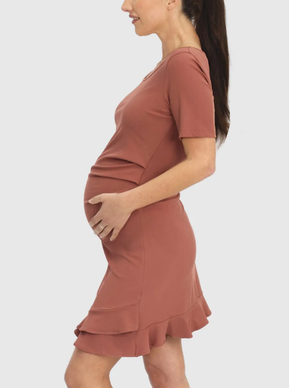 Thea Maternity Short Sleeve Frilled Dress in Dusty Rose