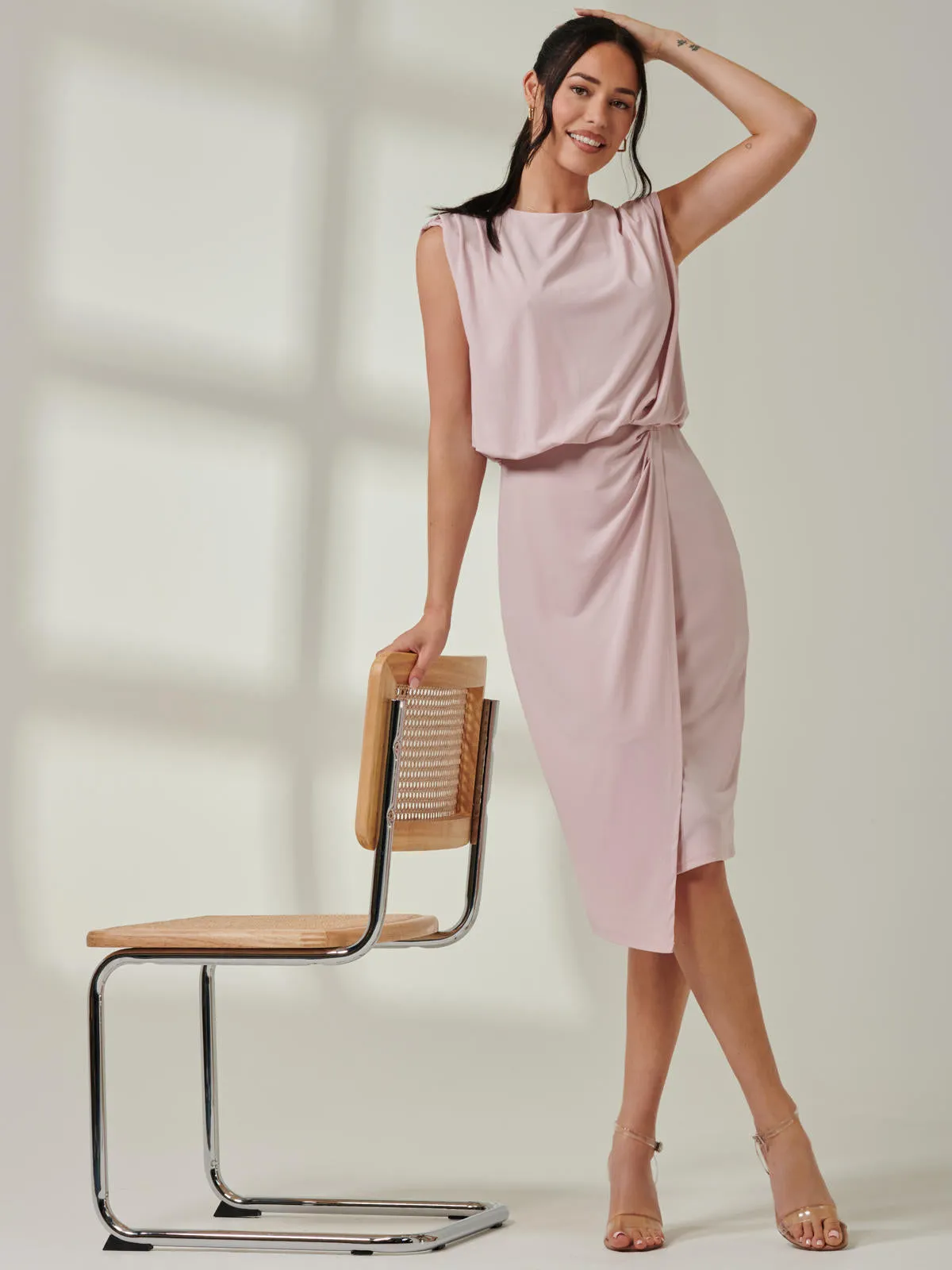 Tiered Draped Pencil Dress, Light Pink