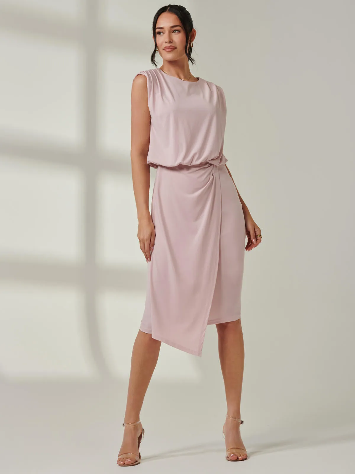 Tiered Draped Pencil Dress, Light Pink