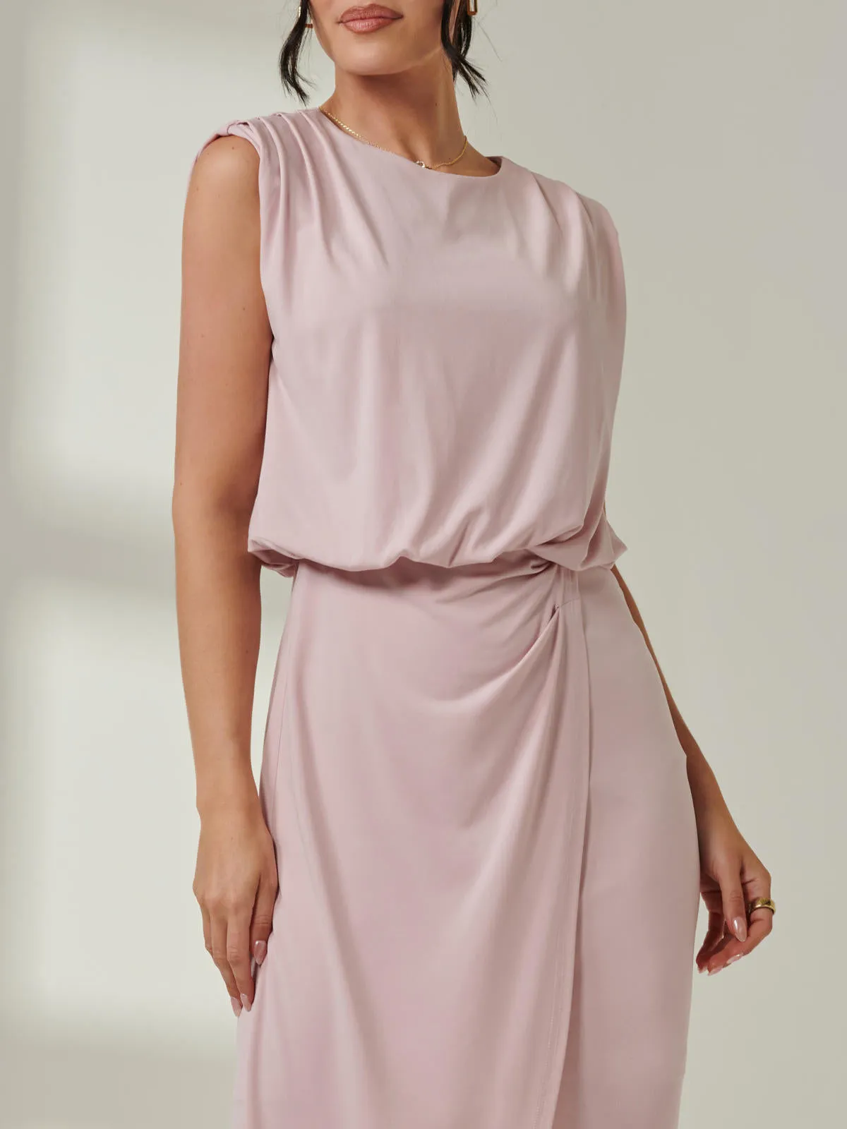 Tiered Draped Pencil Dress, Light Pink