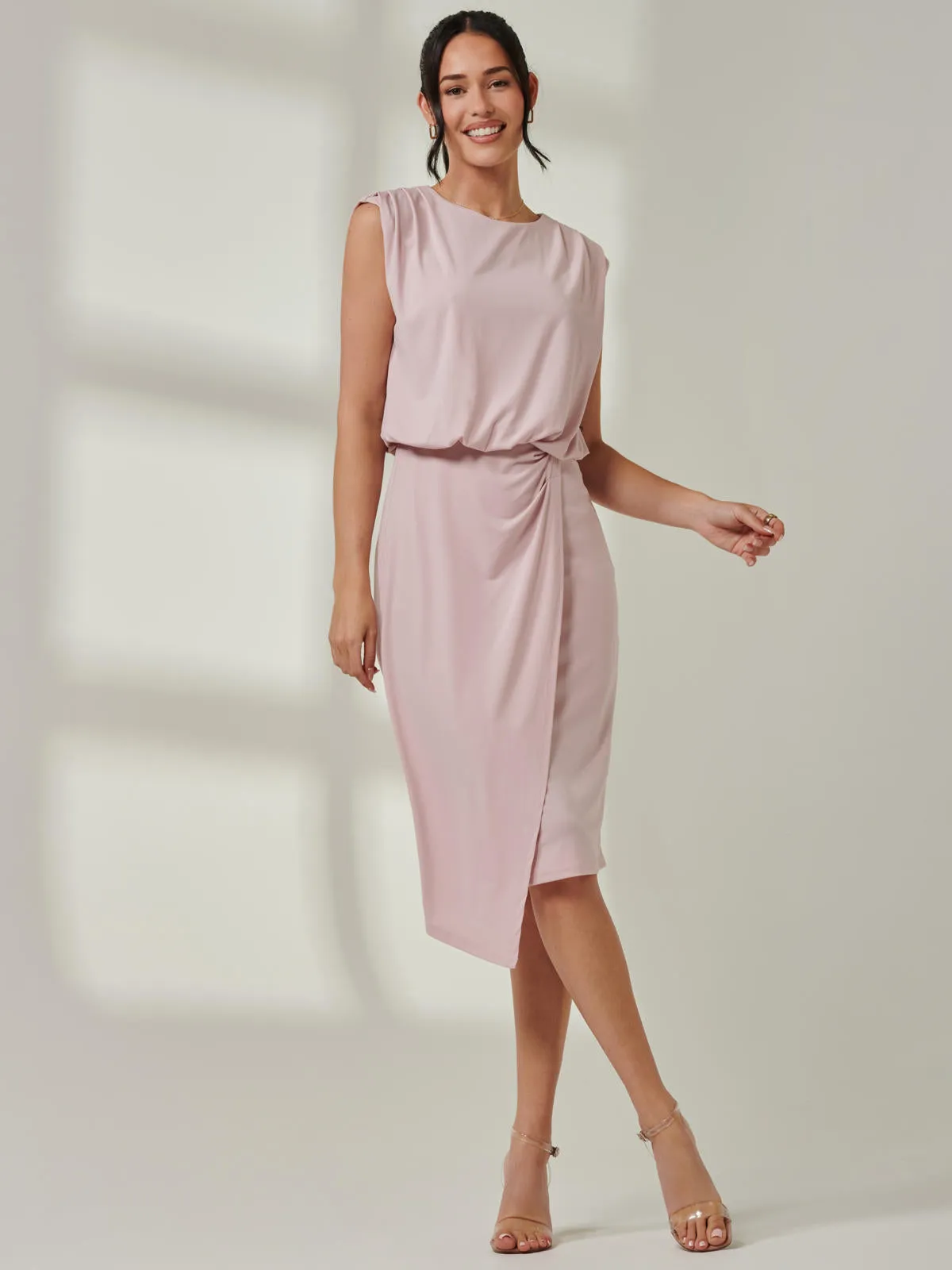 Tiered Draped Pencil Dress, Light Pink