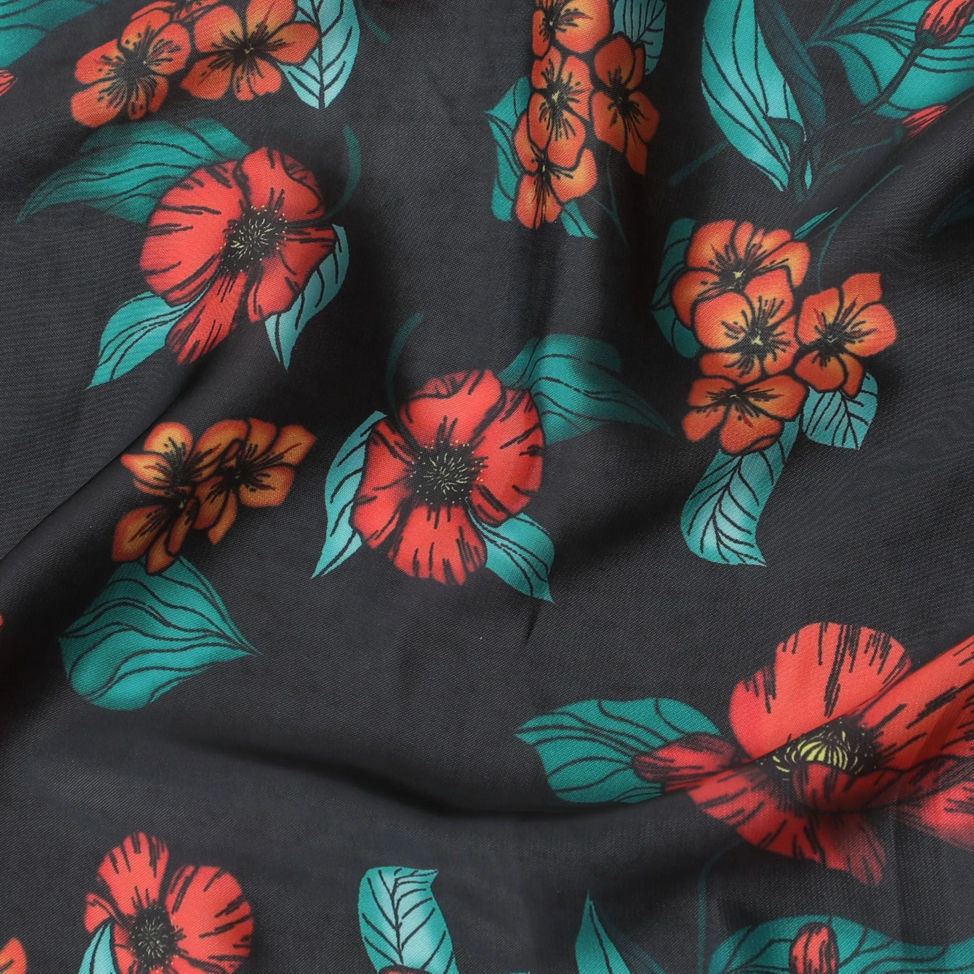 Tropical Coral Reef Modal Satin Fabric - 110cm Wide, Vibrant Floral Print from India-D18526