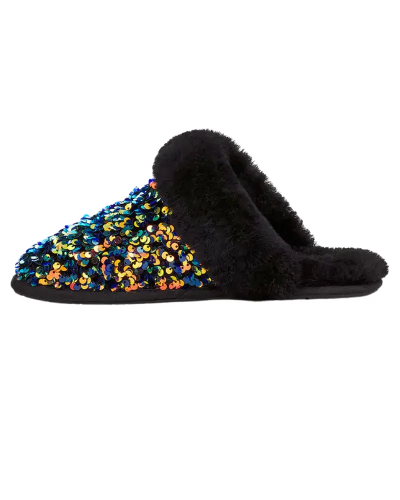 UGG Scuffette II Black Sequin Suede Slipper with Fur Trim