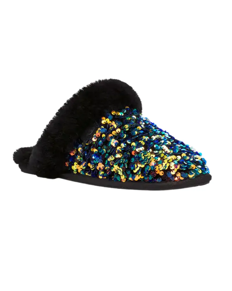 UGG Scuffette II Black Sequin Suede Slipper with Fur Trim