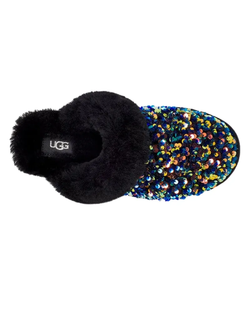 UGG Scuffette II Black Sequin Suede Slipper with Fur Trim