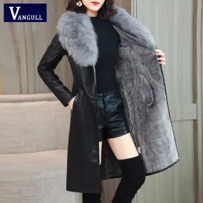 Velvet Warm Slim Big Fur Collar Vangull Leather Jacket for Women