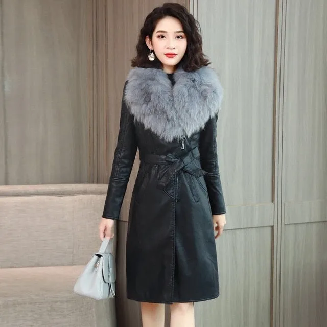 Velvet Warm Slim Big Fur Collar Vangull Leather Jacket for Women