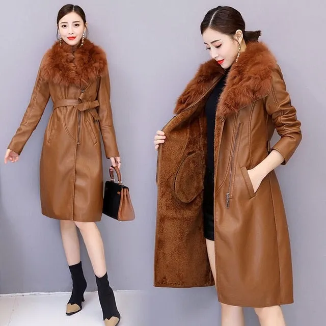 Velvet Warm Slim Big Fur Collar Vangull Leather Jacket for Women