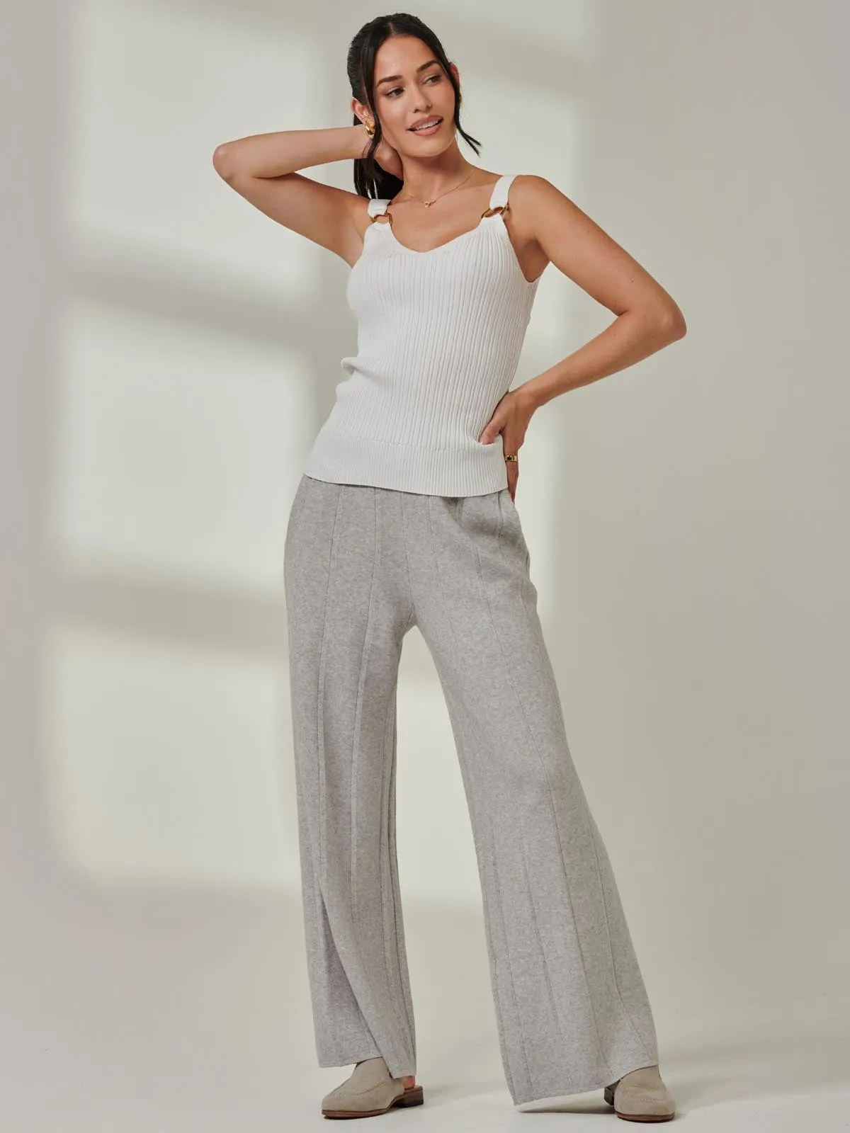 Vertical Line Knit Flared Pants, Dove Heather