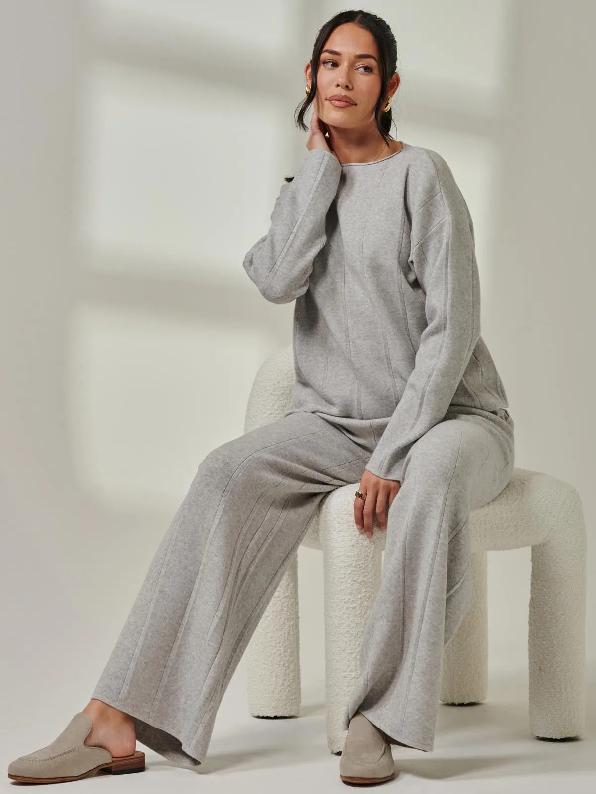 Vertical Line Knit Flared Pants, Dove Heather