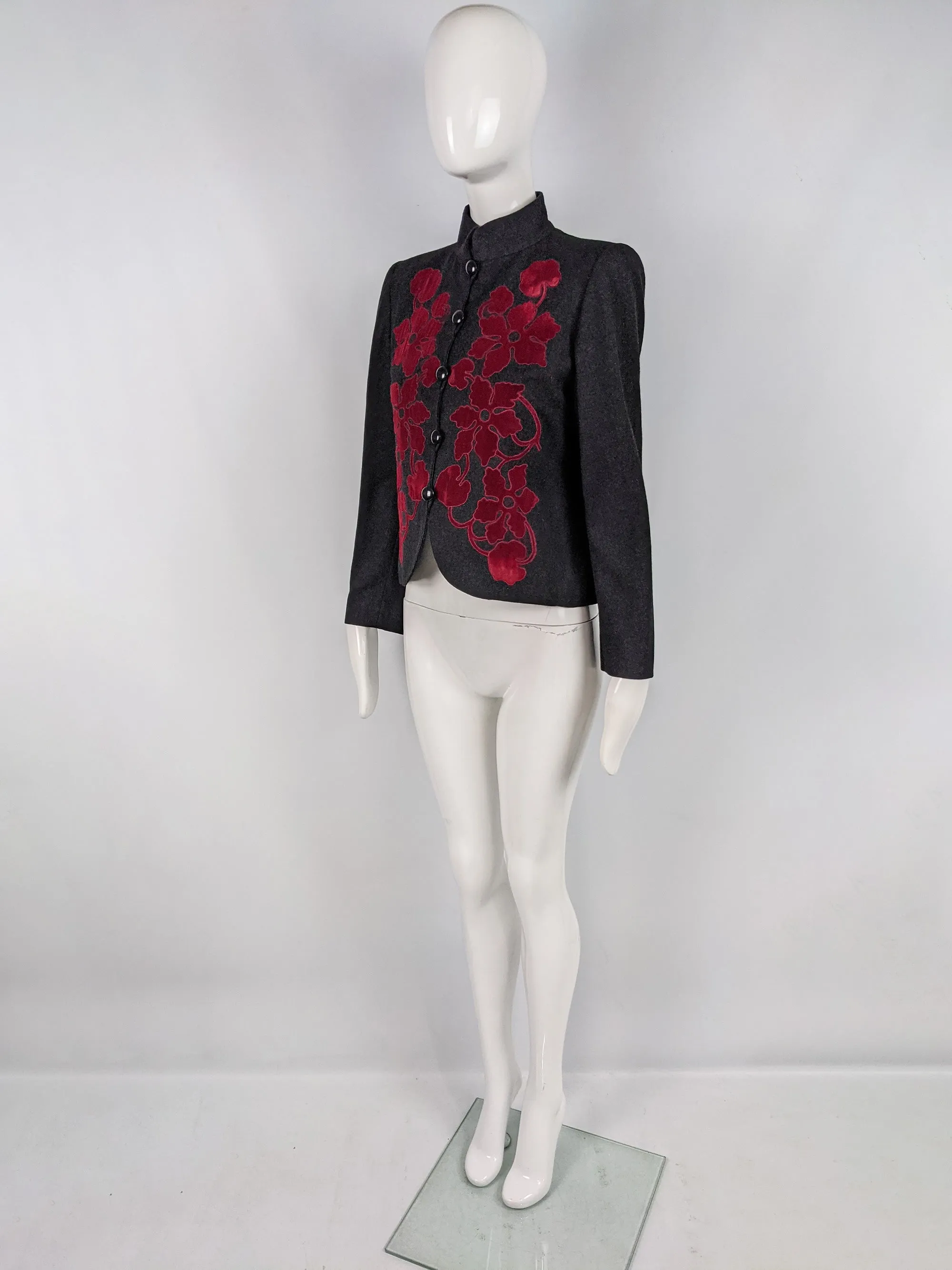 Vintage Structured Grey Wool & Red Velvet Appliqué Jacket, 1980s