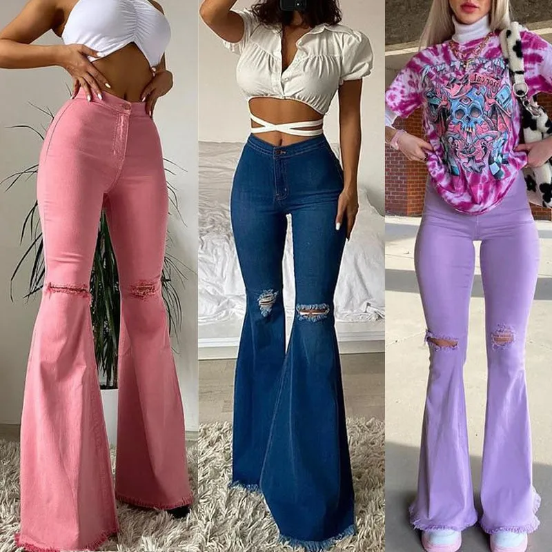 Wenkouban 2024 Graduation Gifts New Women Denim Flared Pants High-waisted Button Holes Ripped Bodycon Bell-Bottoms Trousers Solid Tight Summer Clothing