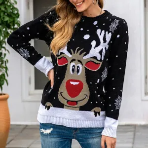 Wenkouban-Christmas Thanksgiving outfits_Warm Long Sleeves Fur Collar Cartoon Reindeer Print Christmas Christmas Sweater