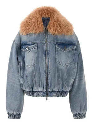 Wenkouban-Winter outfits Christmas Black Friday Fur Collar Double Zipper Thick Short Denim Coat