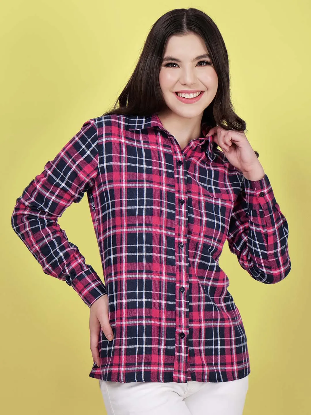 Women Pink Check Cotton Shirt