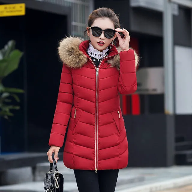 Women Slim Winter Parka Jacket With Fur