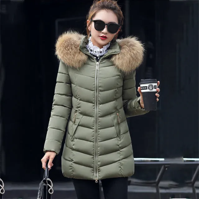 Women Slim Winter Parka Jacket With Fur