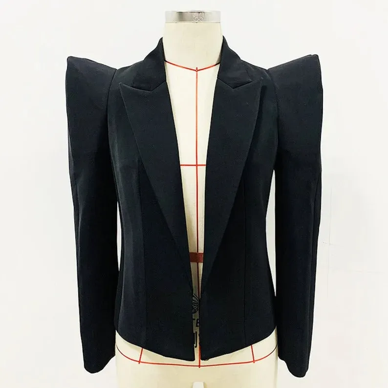 Women's Luxury Pointed Shoulder Golden Lion Buttons Blazer Black