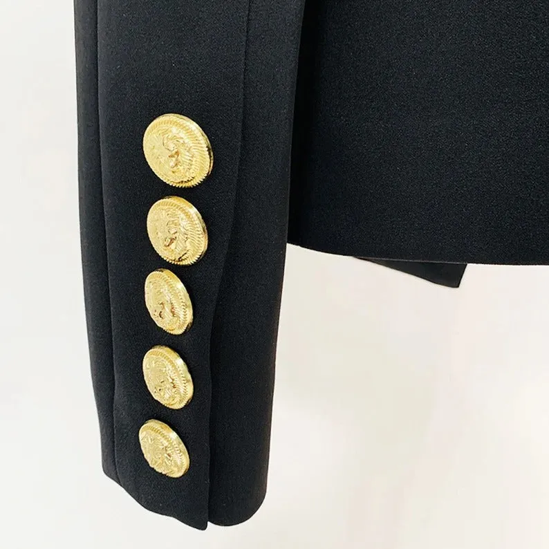 Women's Luxury Pointed Shoulder Golden Lion Buttons Blazer Black