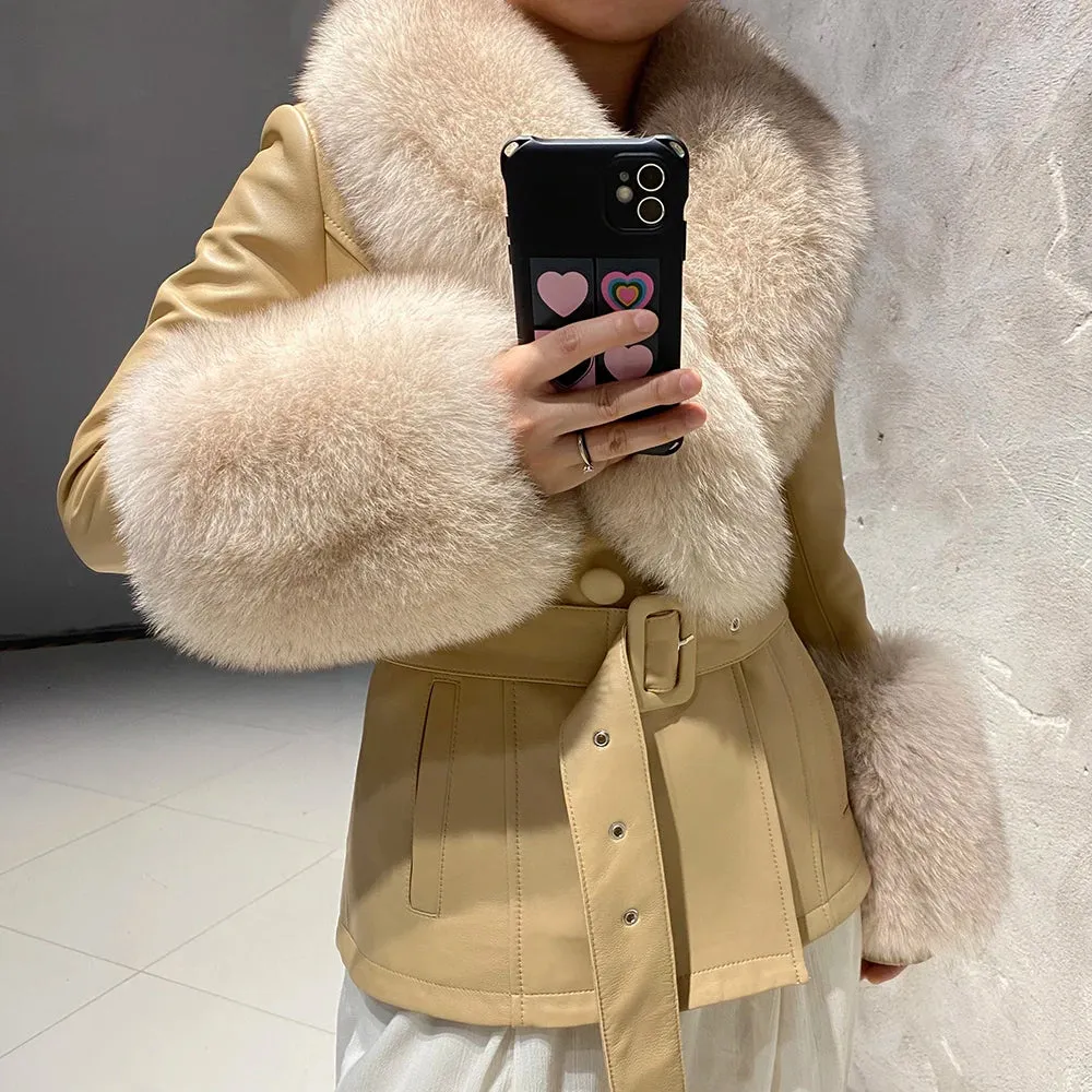 Women's Premium Fox Fur Collar Leather Winter Jacket Coat