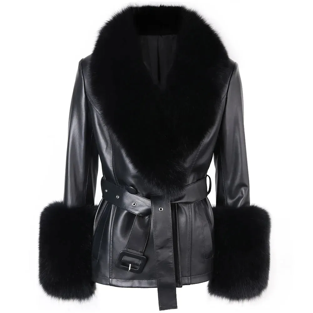 Women's Premium Fox Fur Collar Leather Winter Jacket Coat