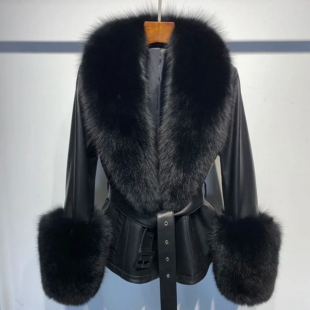 Women's Premium Fox Fur Collar Leather Winter Jacket Coat