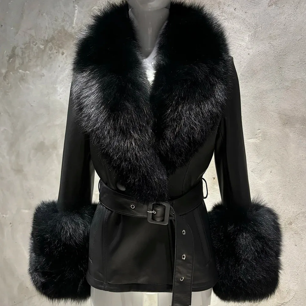 Women's Premium Fox Fur Collar Leather Winter Jacket Coat