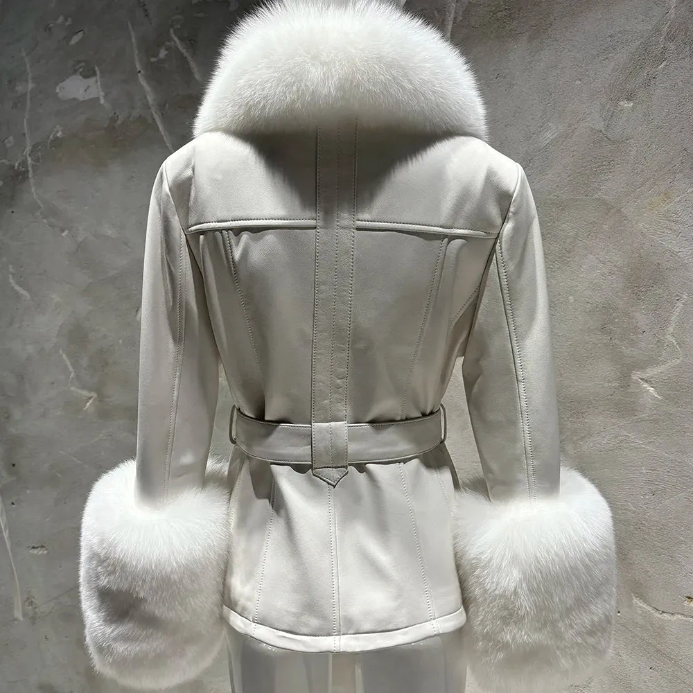 Women's Premium Fox Fur Collar Leather Winter Jacket Coat