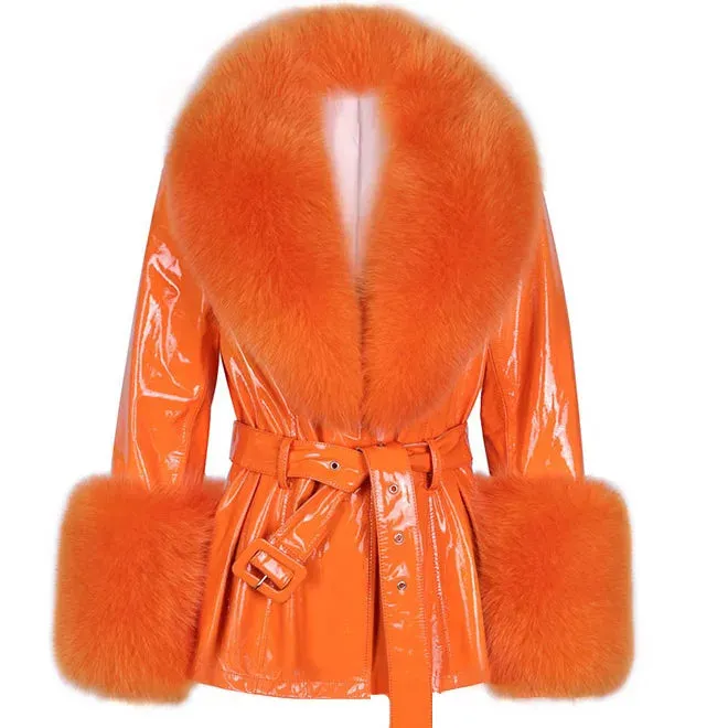 Women's Premium Fox Fur Collar Leather Winter Jacket Coat