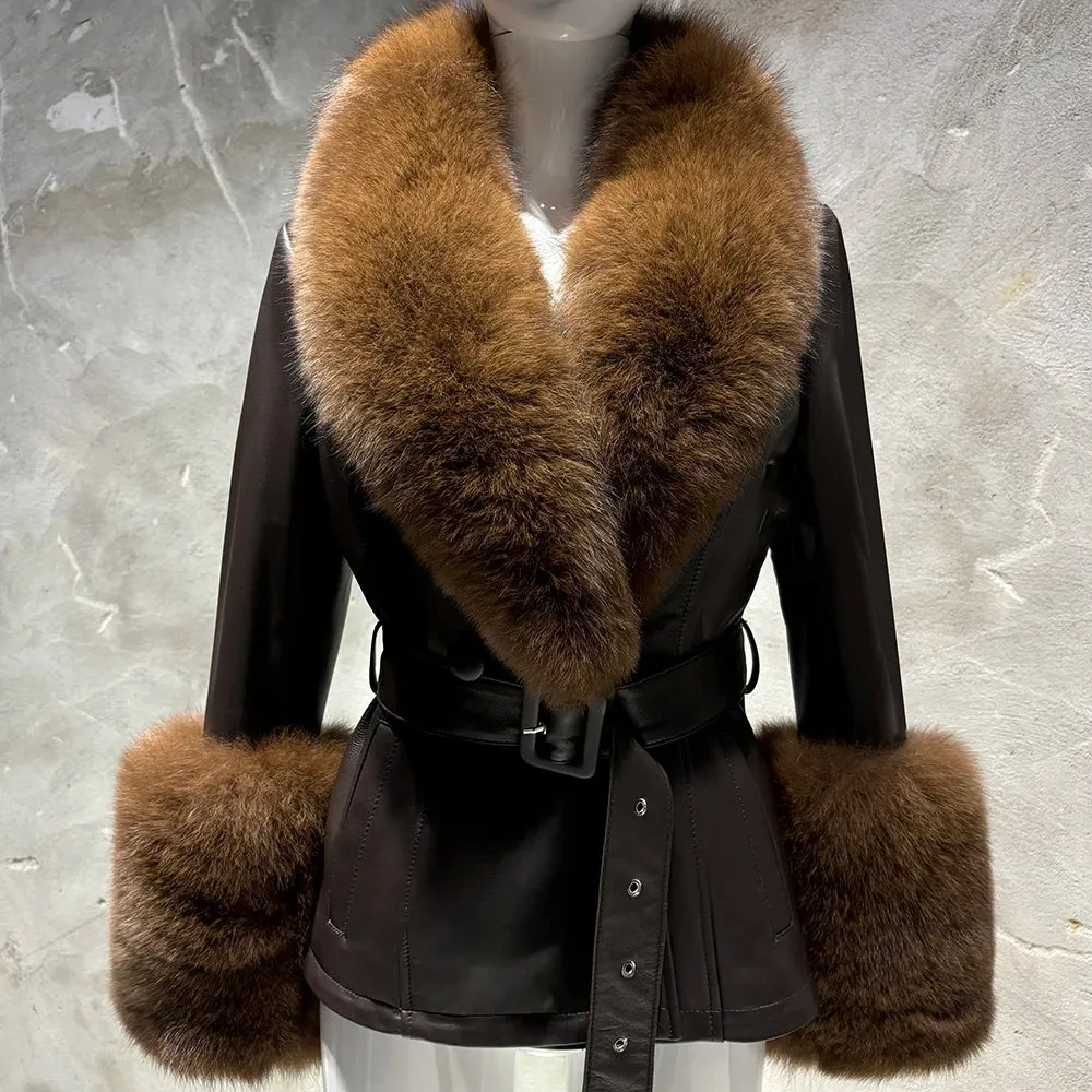 Women's Premium Fox Fur Collar Leather Winter Jacket Coat