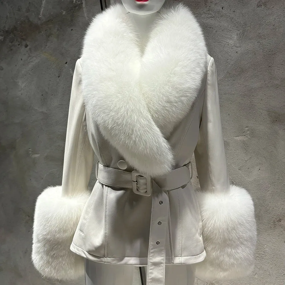 Women's Premium Fox Fur Collar Leather Winter Jacket Coat