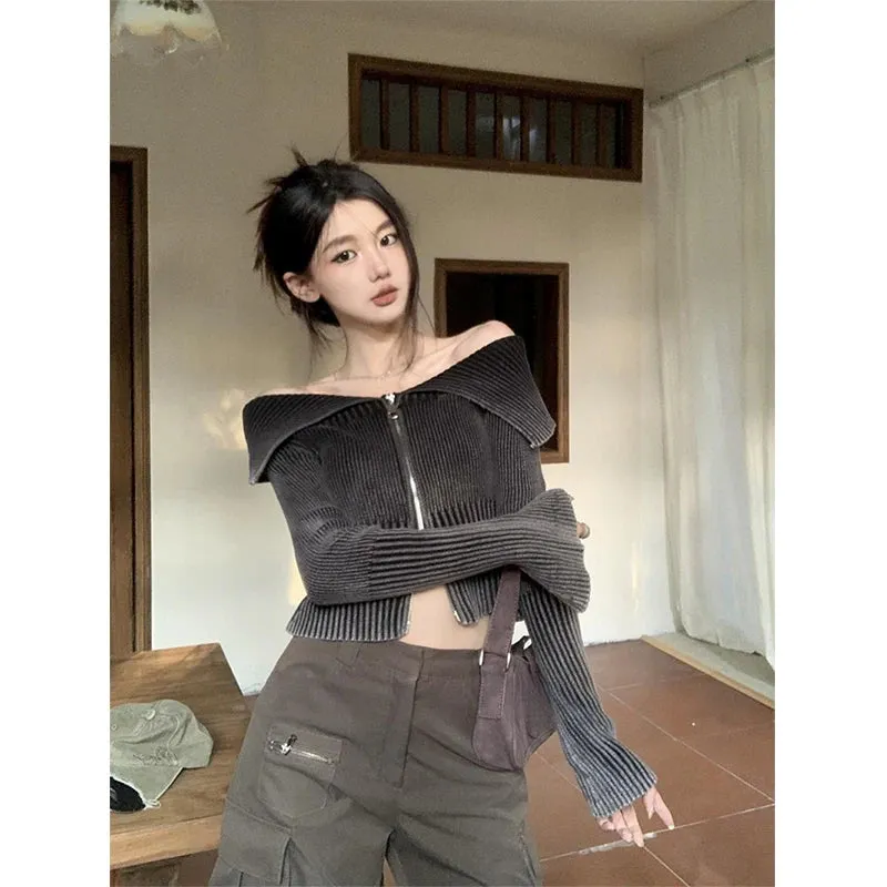 Y2K Cropped Cardigan Women Slash Neck Gradient Sweater Coat Streetwear Off Shoulder Knitwear Korean Zipper Bodycon Jumpers