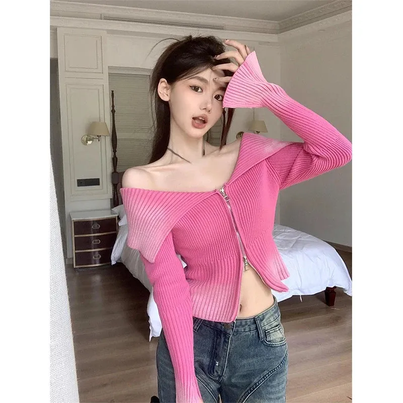 Y2K Cropped Cardigan Women Slash Neck Gradient Sweater Coat Streetwear Off Shoulder Knitwear Korean Zipper Bodycon Jumpers