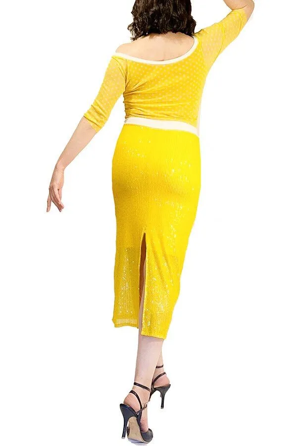 yellow sequin & dots tango dress with back slit and sleeves